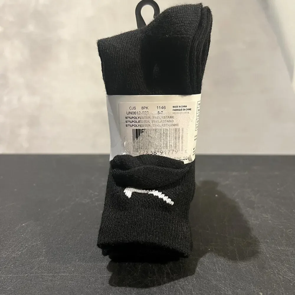 Nike Socks Youth Size 10C-3Y Black Crew 8 Pair Lightweight Swoosh Logo Pack